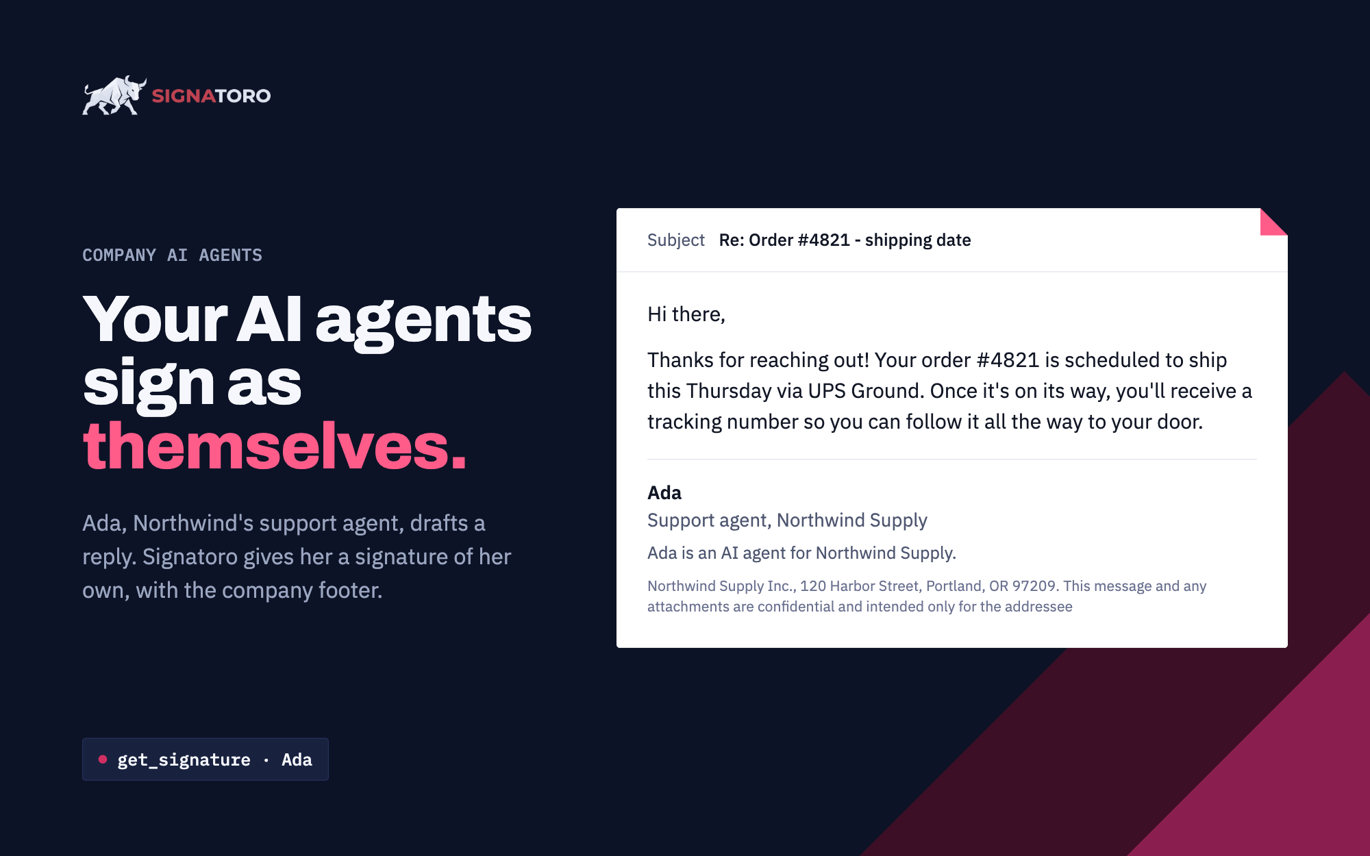 A support reply from Ada, Northwind Supply's AI support agent, ending with her signature, an AI disclosure line and the company footer